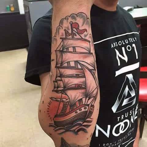 Outer Forearm Guys Sailor Jerry Themed Sailboat Tattoo Designs