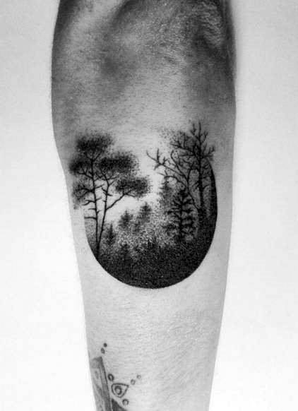 Outer Forearm Male Circular Small Tree Forest Tattoo