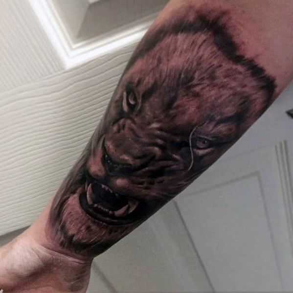 Outer Forearm Male Lion Tattoo Inspiration