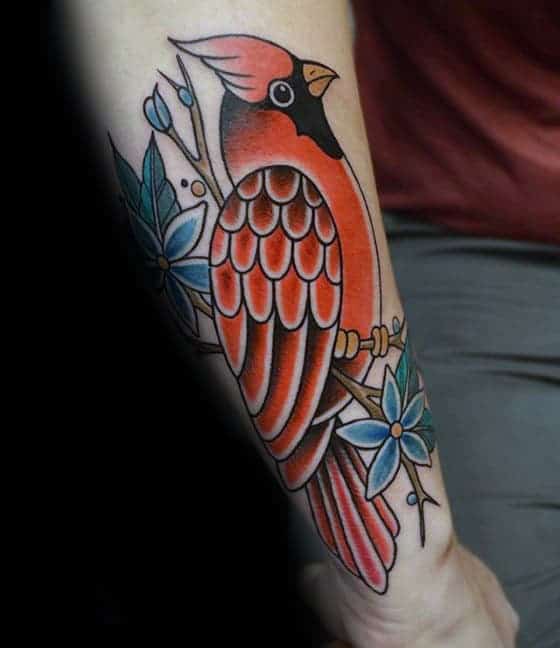 outer-forearm-male-orange-traditional-bird-tattoo-design-ideas