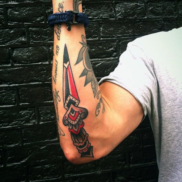Outer Forearm Male Traditional Dagger Tattoos