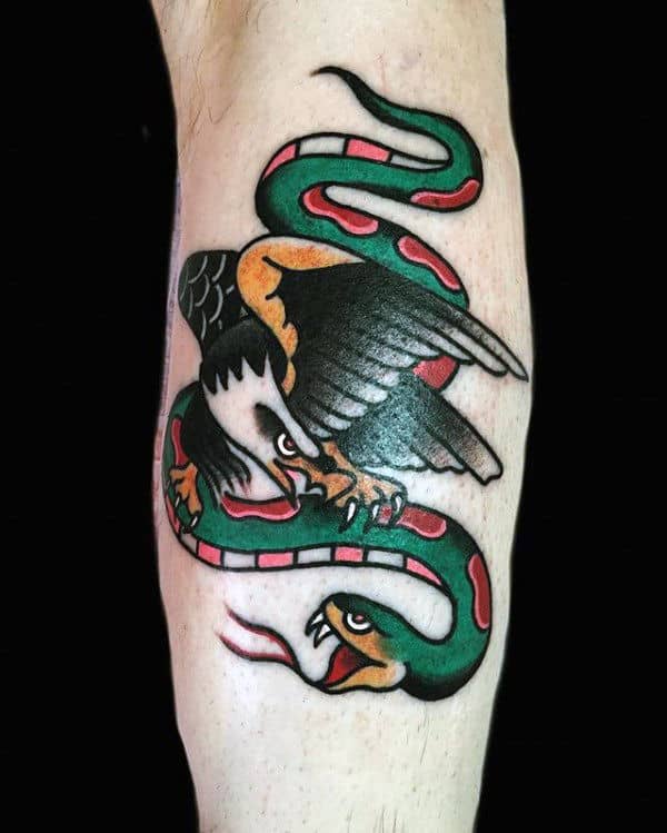 Outer Forearm Male Traditional Eagle Snake Tattoo Inspiration