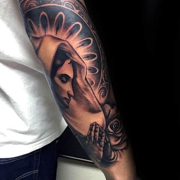 Outer Forearm Male Virgin Mary Praying Tattoo Design Inspiration