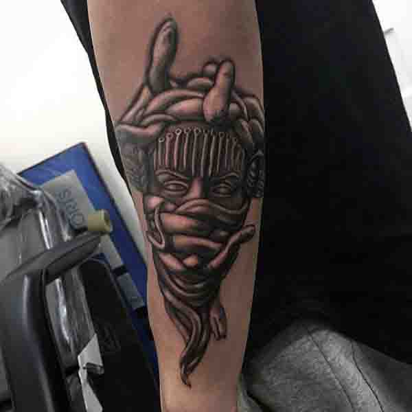 Outer Forearm Masked Medusa Head Tattoo For Men