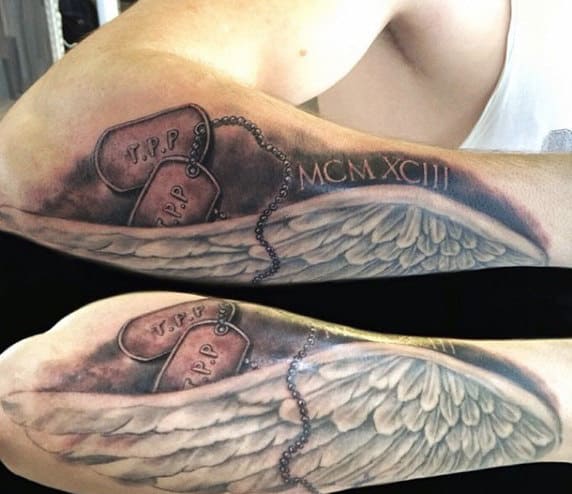 Outer Forearm Mens Dog Tag Tattoo With Wings