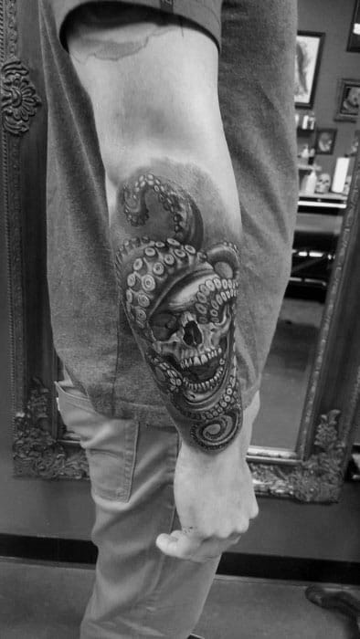 Outer Forearm Octopus Skull Mens Tattoo Ideas