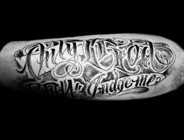 outer forearm only god can judge me mens religious tattoo ideas