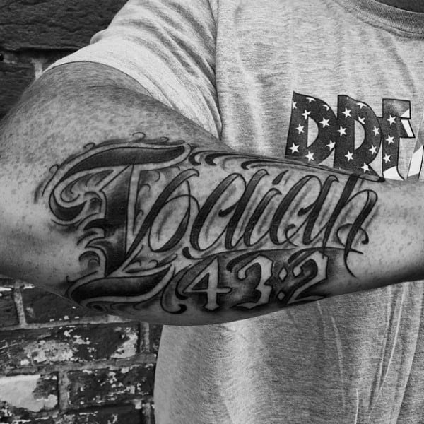 Outer Forearm Scripture Tattoo On Gentleman