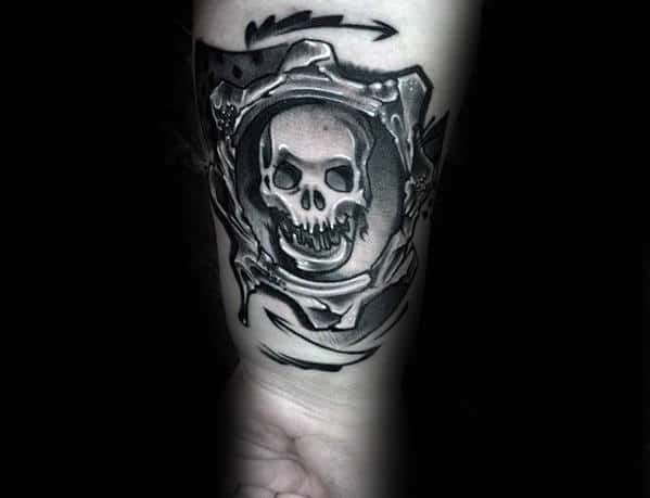 Outer Forearm Skull With Gear Guys Gears Of War Video Game Tattoo.