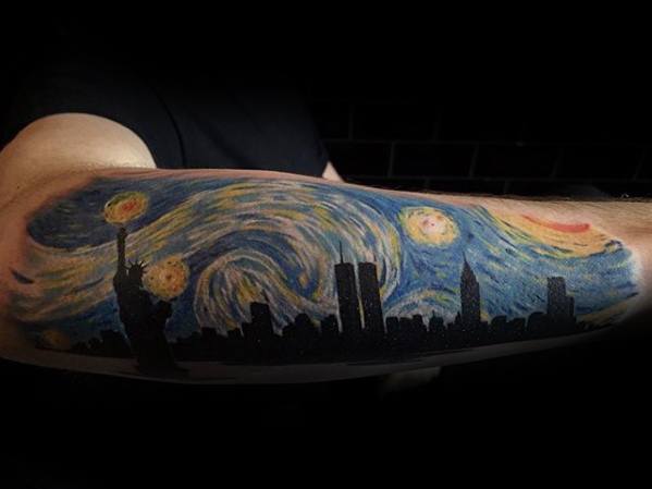 Outer Forearm Starry Night City Skyline Tattoo Ideas For Men