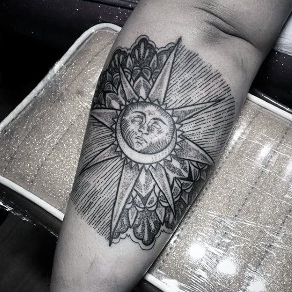 Outer Forearm Sun Tattoo For Me Black Ink Line Work