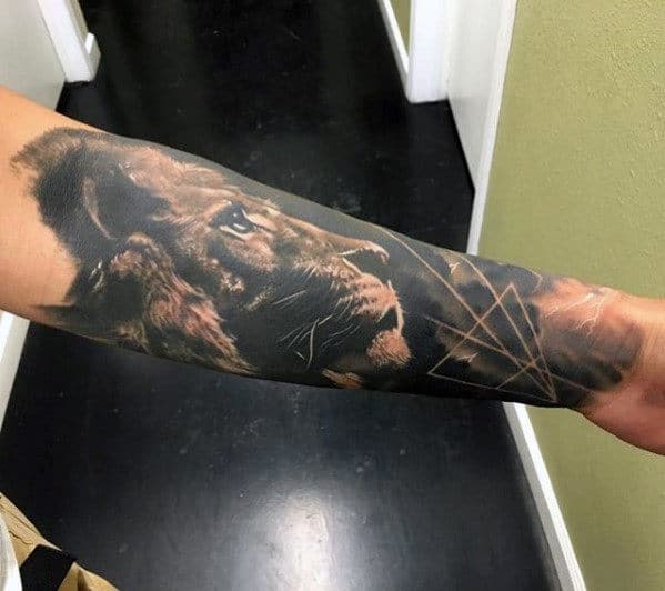 Outer Forearm Tattoo Of Lion On Gentleman