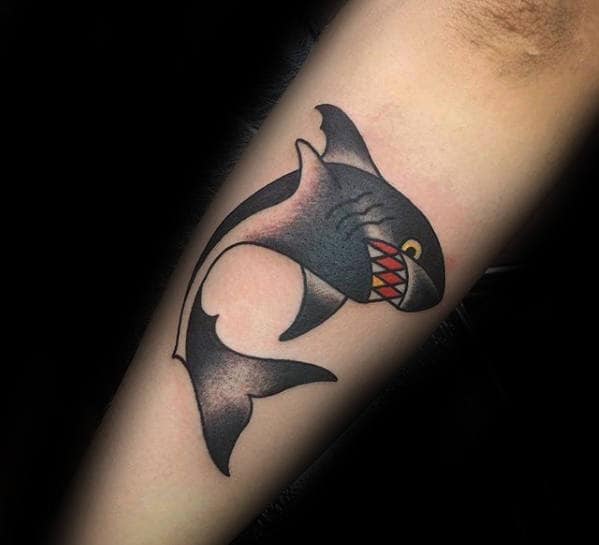 Outer Forearm Tattoo Of Shaded Traditional Shark For Men