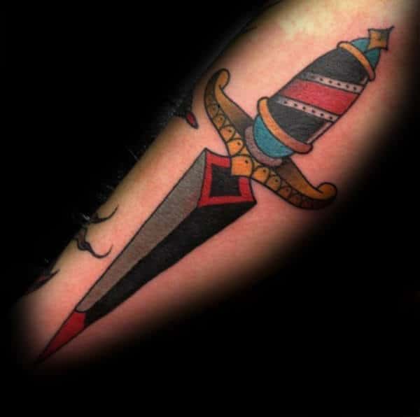 Outer Forearm Traditional Colorful Mens Dagger Tattoo Ideas