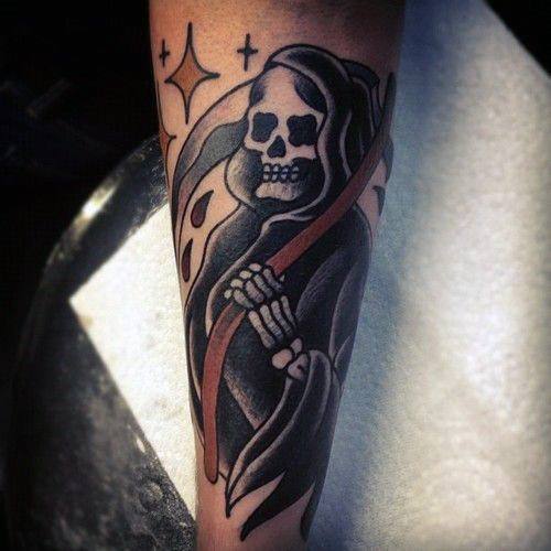 Outer Forearm Traditional Reaper Male Tattoo Designs