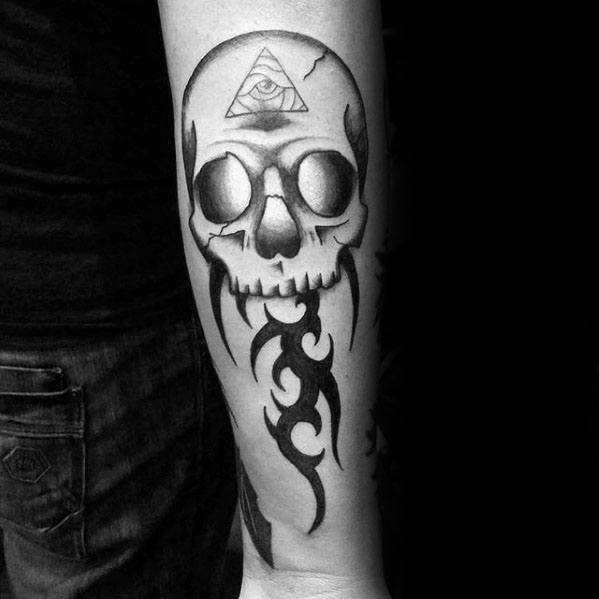 Outer Forearm Tribal Skull Guys Tattoo Ideas