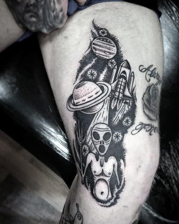 Outer Space Alien Mens Thigh Tattoos