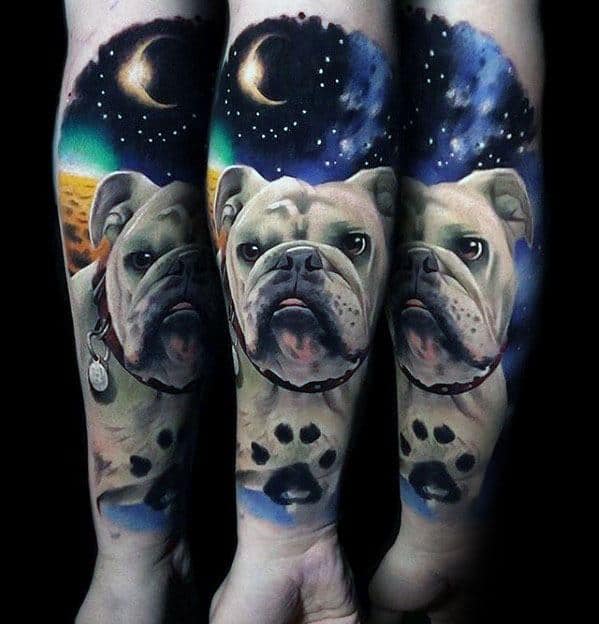 Outer Space Bulldog With Paw Print Mens Forearm Sleeve Tattoo