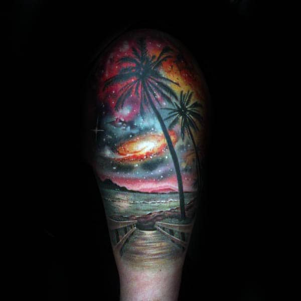 Outer Space Galaxy Landscape Male Tattoo Half Sleeve
