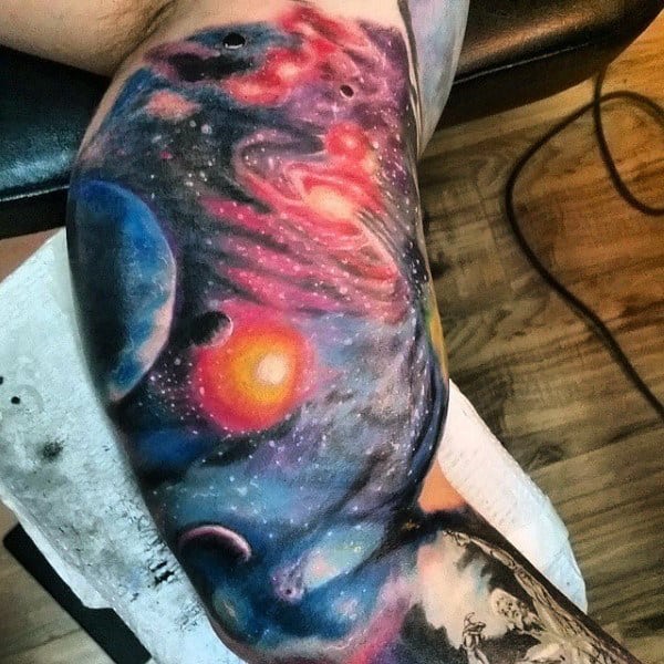 Outer Space Mens Sleeve Colorful Tattoo Ideas