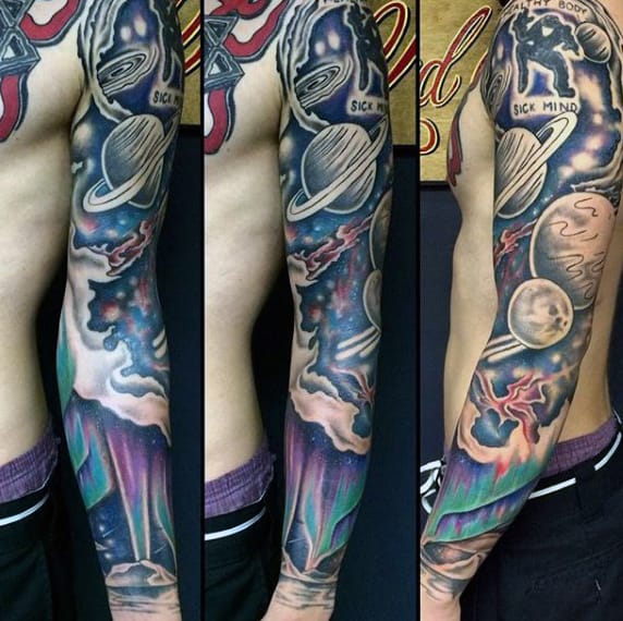 Outer Space Northern Lights Mens Full Sleeve Tattoos