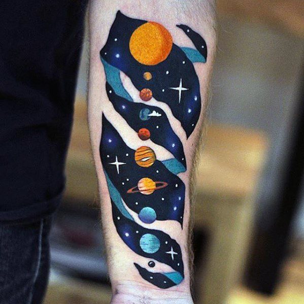 Outer Space Planets Mens Colorful Unique Forearm Tattoos