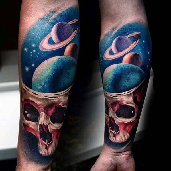 Outer Space Planets With Skull Extreme Guys Forearm Tattoos