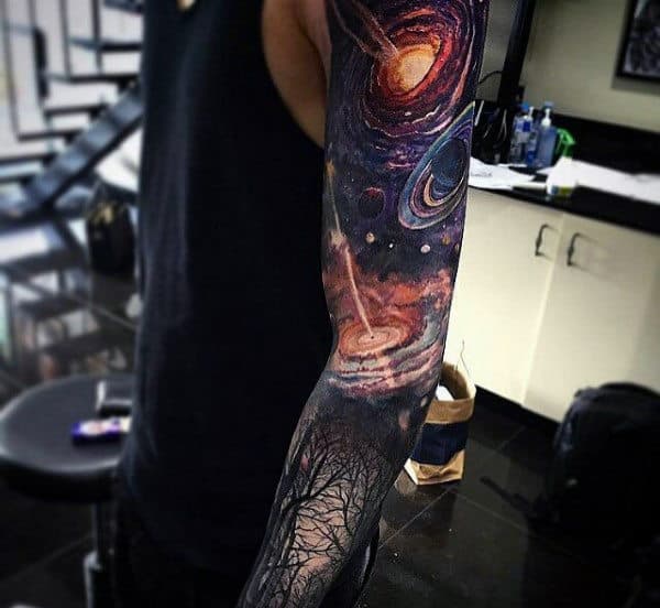 Outer Space Realistic Mens Creative Full Sleeve Tattoo Designs