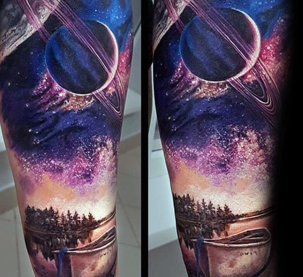 Outer Space Sky Over Lake Original Mens Sleeve Tattoos