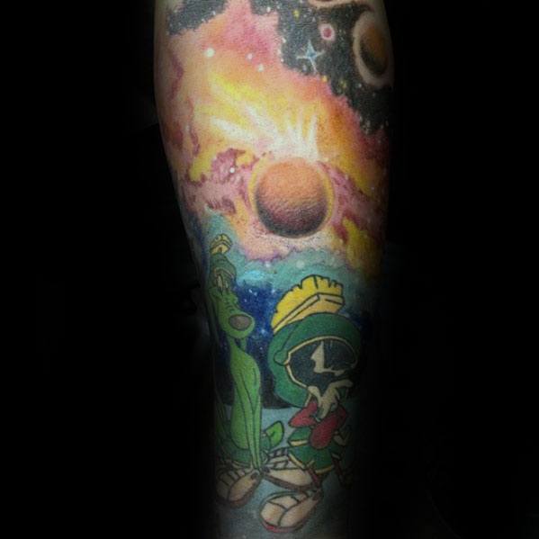 Outer Space With Marvin The Martian And K9 Dog Mens Sleeve Tattoos