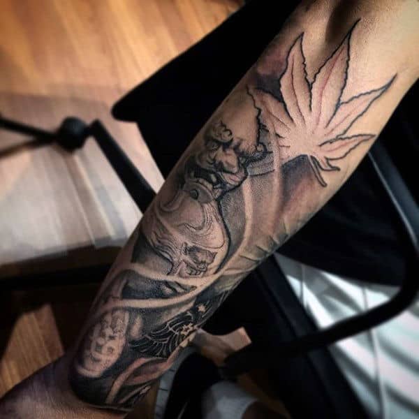 Outline Black Ink Maple Leaf Mens Forearm Tattoos