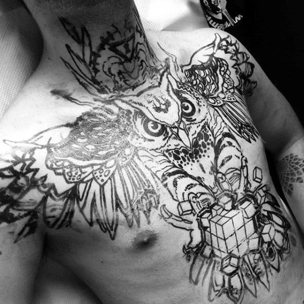 Outline Blackwork Mens Owl Cube Tattoo Design