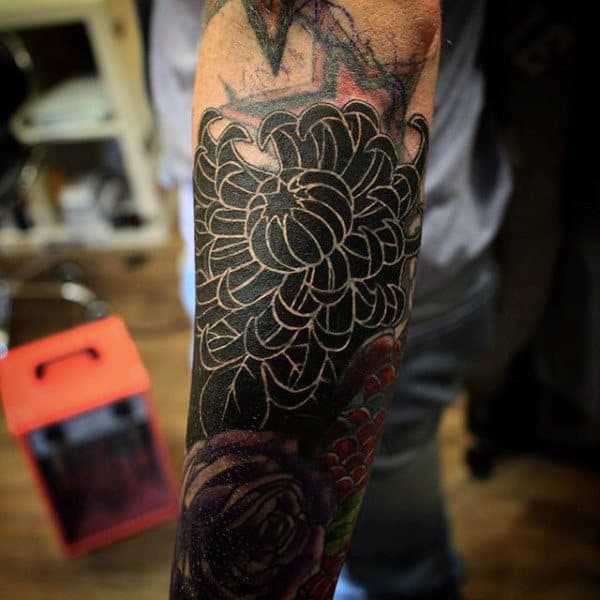 Outline Floral Flower White Ink Mens Half Sleeve Tattoo