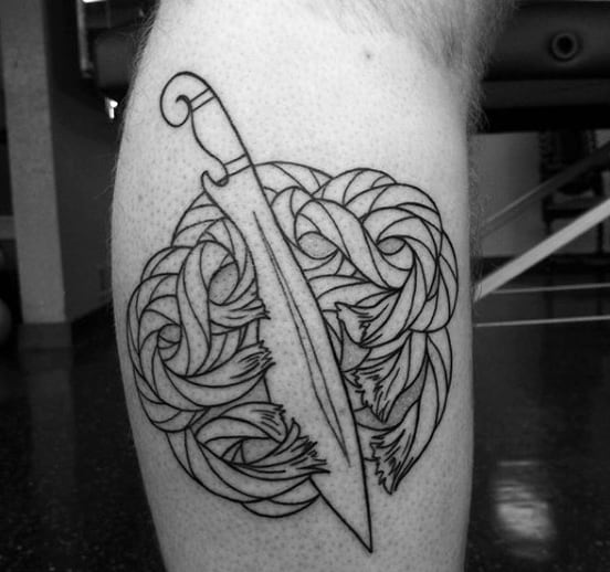 Outline Male Sword And Shield Tattoo Designs Cutting Rope