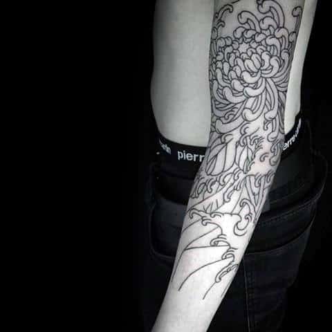 Outline Of Chrysanthemum Flower Mens Japanese Lower Arm Sleeve Tattoo In Black Ink