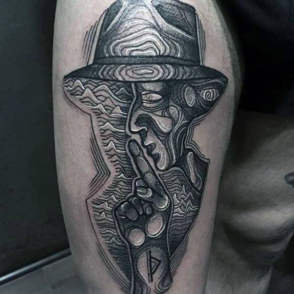 Outline Shaded Mens Optical Illusion Thigh Tattoo Of Man In Had With Mountains