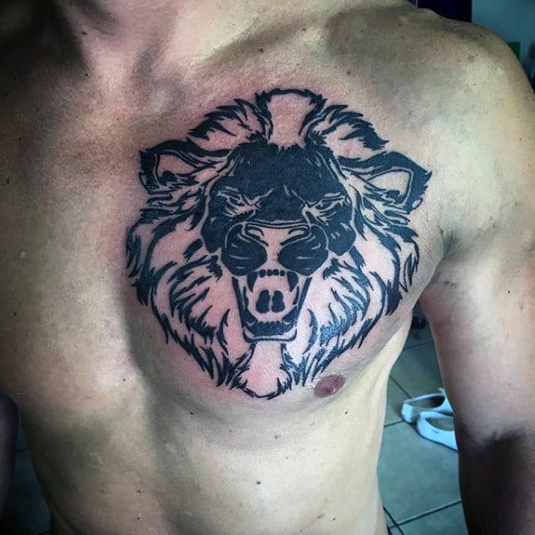 Outline Tribal Lion Chest Male Tattoos