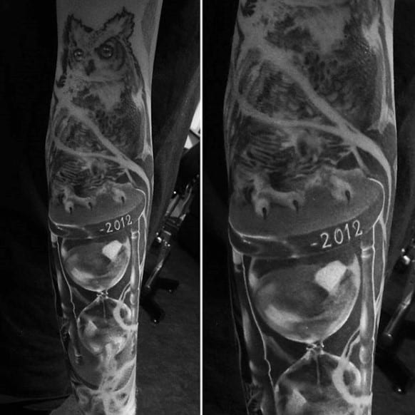Owl And Hourglass Passage Of Time Mens Full Sleeve Tattoos