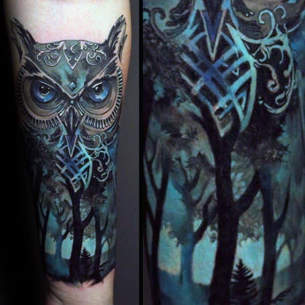 Owl Blue Ink Forest Tattoos For Men On Inner Forearm