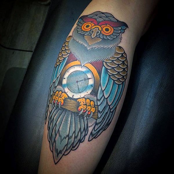 owl-clock-traditional-male-leg-tattoos