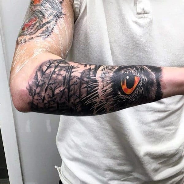 Owl Eye Forest Mens 3d Forearm Tattoo Ideas