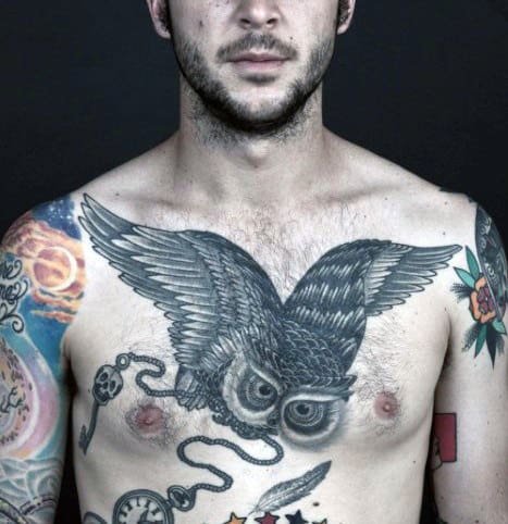 Owl Flying With Skeleton Key And Pocket Watch Tattoo On Guys Chest