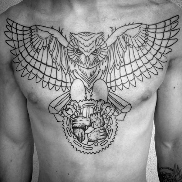Owl Flying With Sprocket Mens Traditional Chest Tattoos