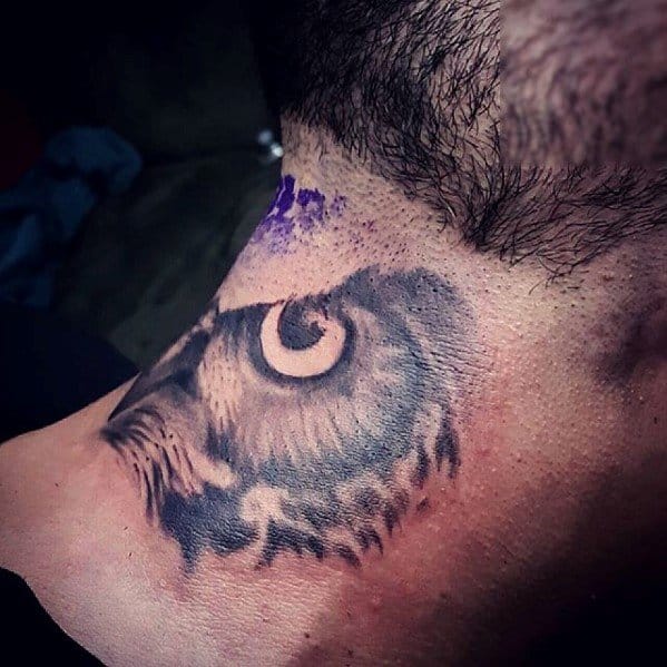 Owl Front Of Neck Male Tattoos