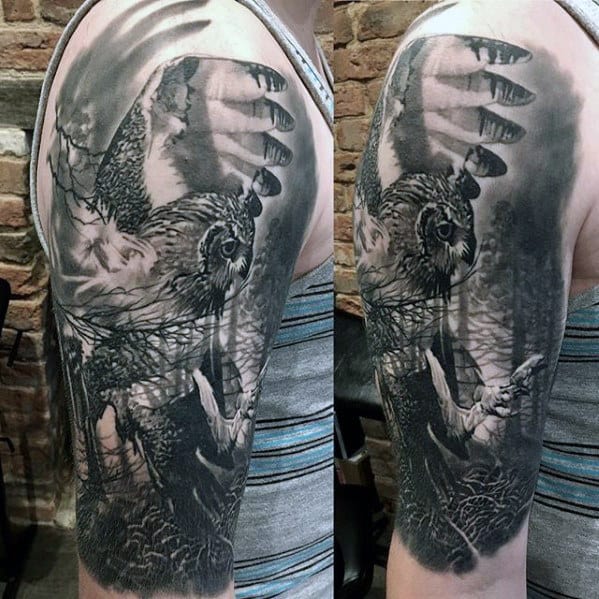 Owl In Forest Mens Realistic 3d Half Sleeve Tattoos