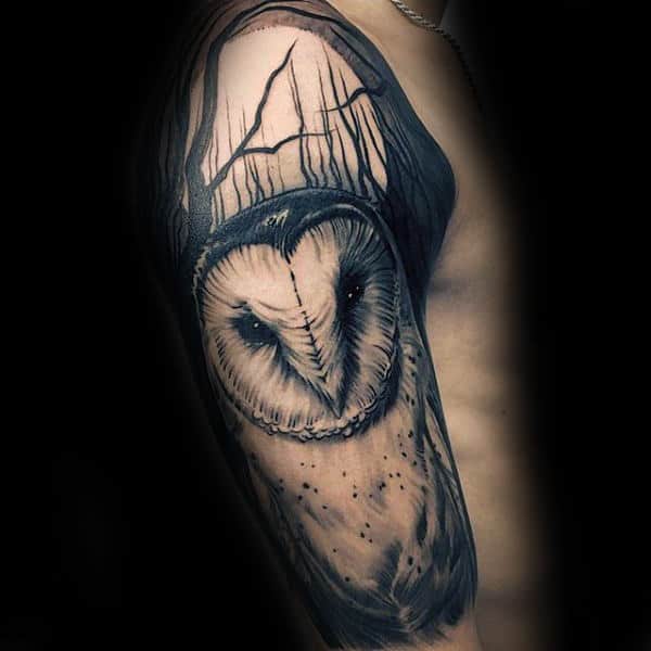 Owl Night Forest Black Ink Half Sleeve Tattoos For Men