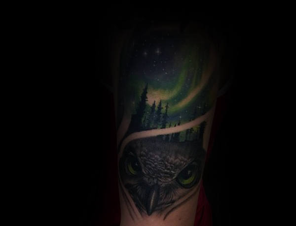 Owl Northern Lights Night Sky Mens Arm Tattoo