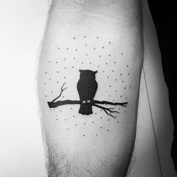 Owl Sitting On Tree Branch Small Minimalist Mens Forearm Tattoo