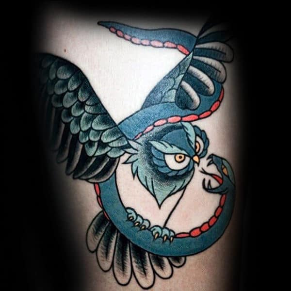 Owl Snake Traditional Male Back Tattoos
