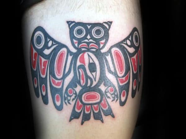 Owl Tribal Bird Haida Mens Thigh Tattoo